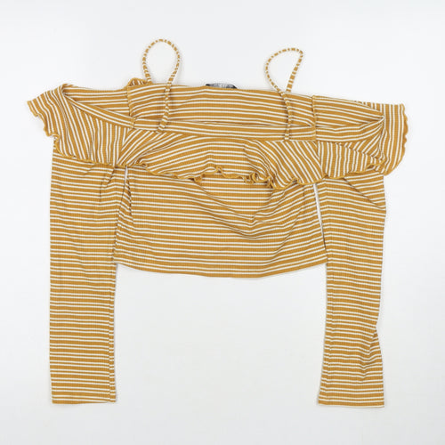 Select Womens Yellow Striped Polyester Basic Blouse Size 10 Off the Shoulder