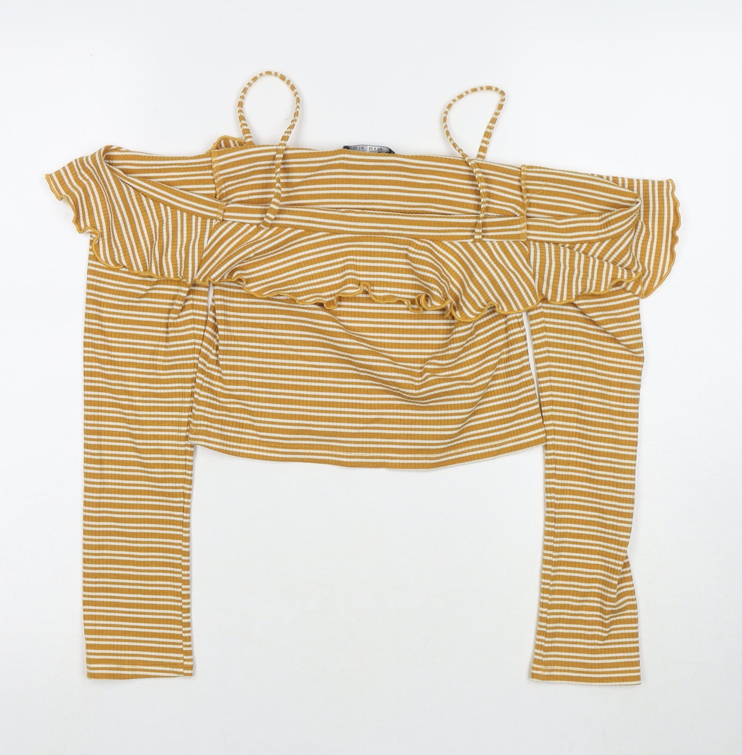 Select Womens Yellow Striped Polyester Basic Blouse Size 10 Off the Shoulder