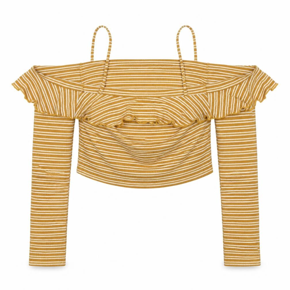 Front view of Select women’s yellow striped polyester basic blouse, size UK 10, off the shoulder