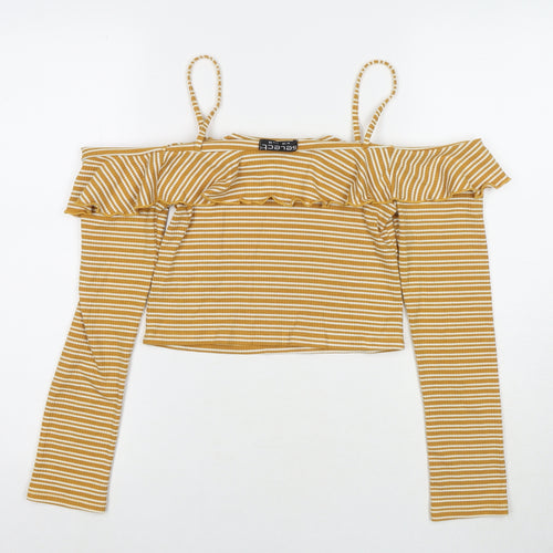 Select Womens Yellow Striped Polyester Basic Blouse Size 10 Off the Shoulder