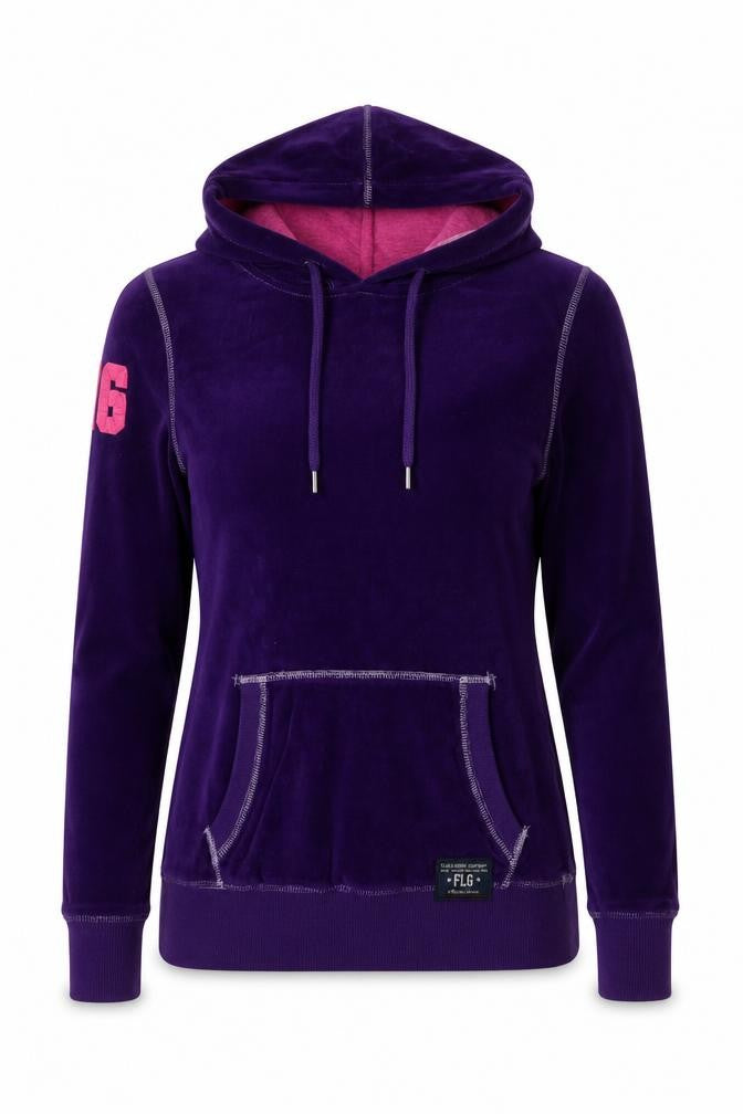 Front view of Flashlights women’s purple polyester pullover hoodie, size UK 6, pullover -, size UK 6-8