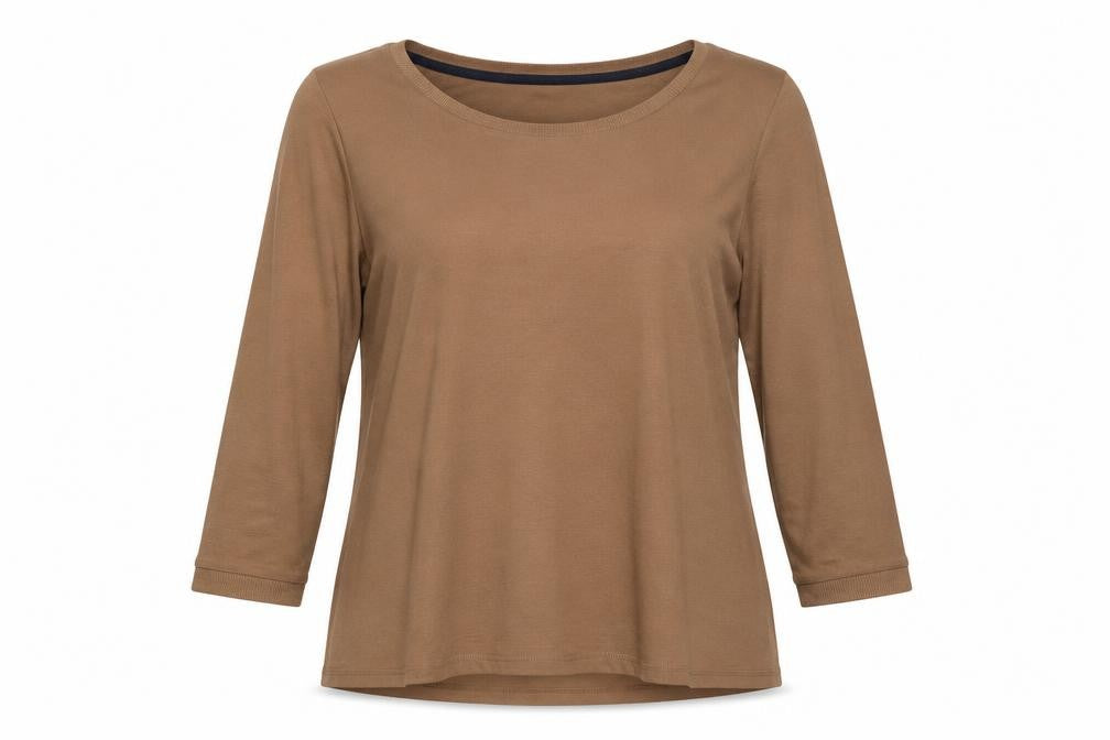 Front view of Marks & Spencer women’s brown round neck polyester jumper, size UK 10
