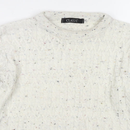Classic Womens White Round Neck Acrylic Pullover Jumper Size L - Size L/XL