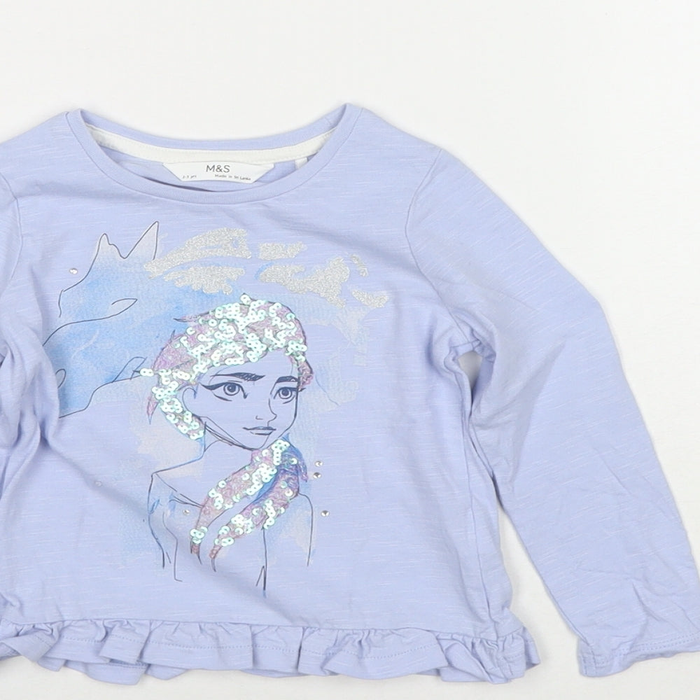 Marks and Spencer Girls Blue Cotton Basic T-Shirt Size 2-3 Years Round Neck Pullover - Disney Princess