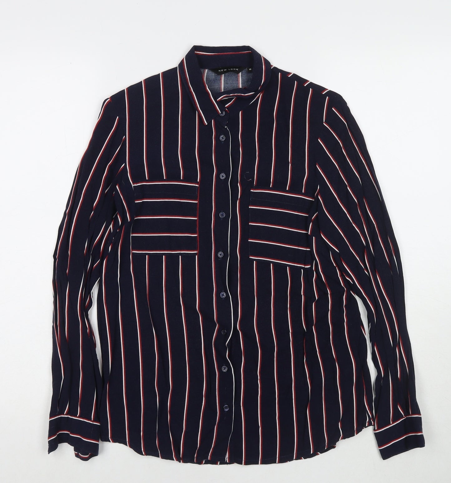New Look Womens Blue Striped Viscose Basic Button-Up Size 10 Collared
