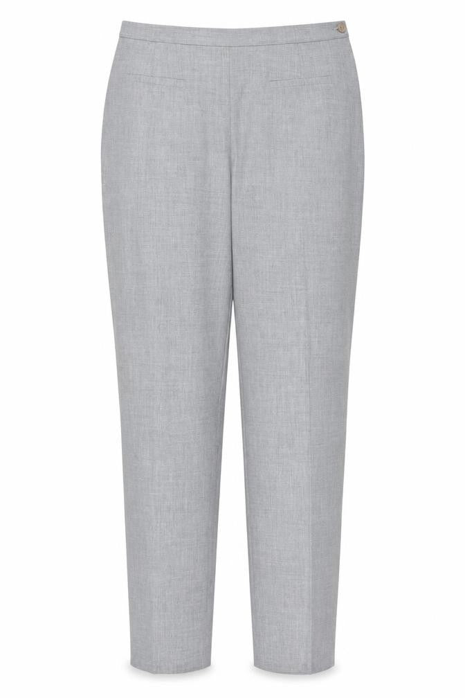 Front view of Marks & Spencer women’s grey polyester trousers, size UK 12, 27-inch leg regular tie