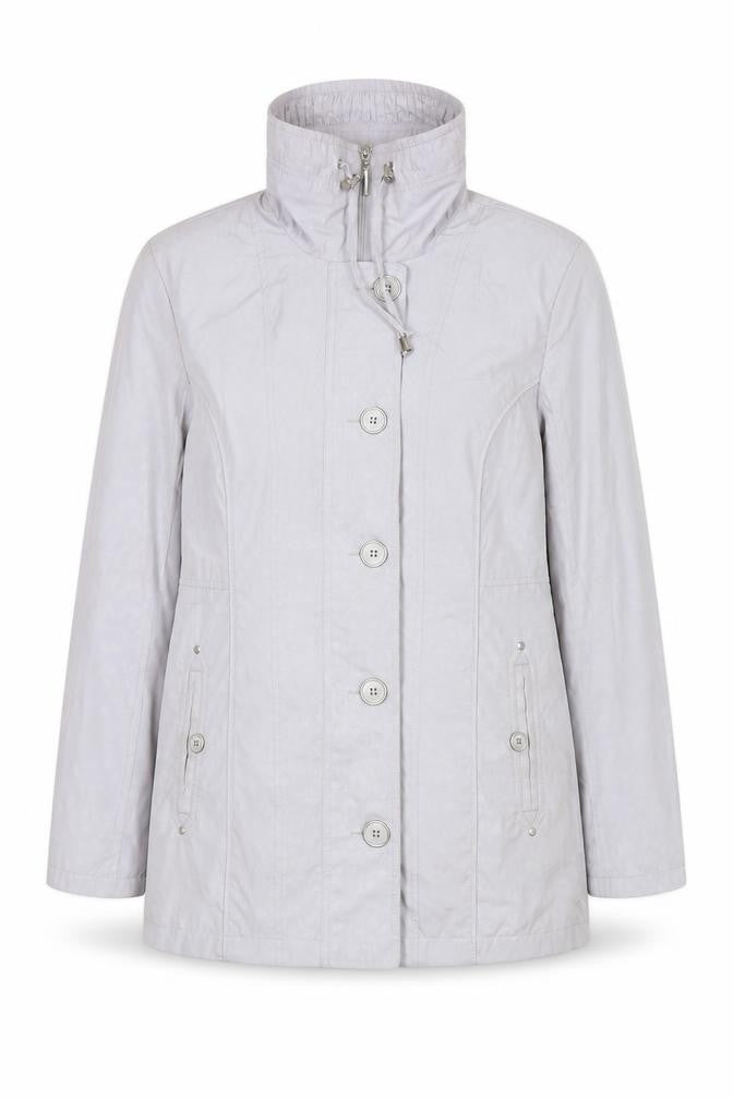 Front view of EWM women’s grey rain coat jacket, size UK 10, zip