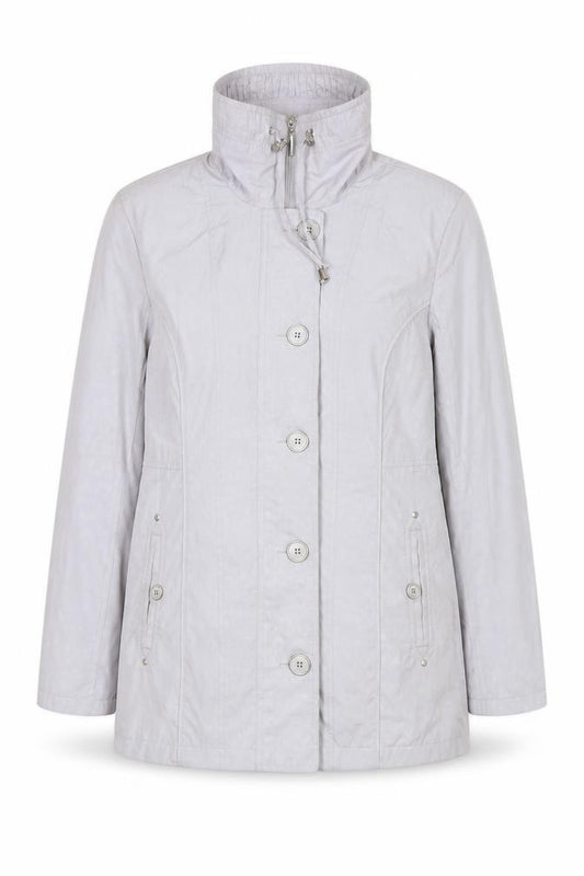 Front view of EWM women’s grey rain coat jacket, size UK 10, zip