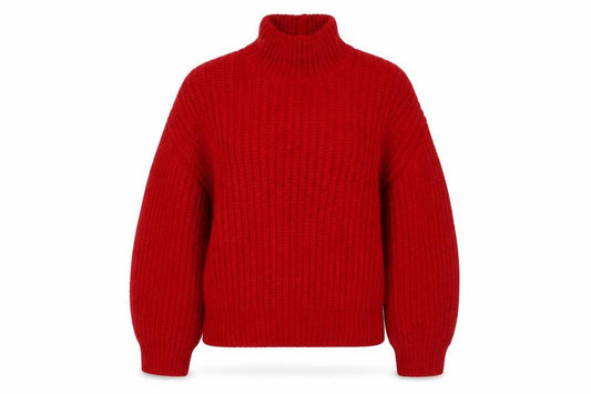 Front view of marks women’s red round neck acrylic jumper, size L