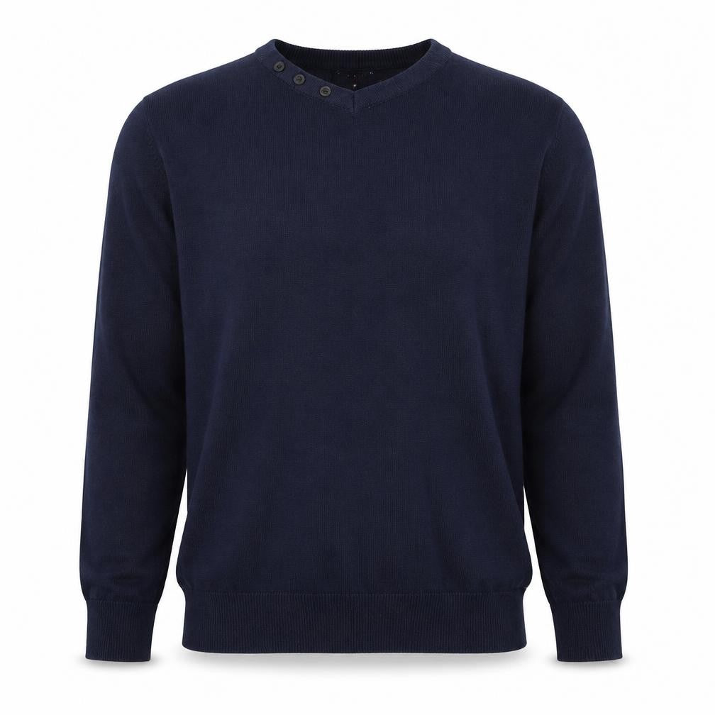 Front view of Smith & Jones men’s blue round neck cotton jumper, size M, long sleeve