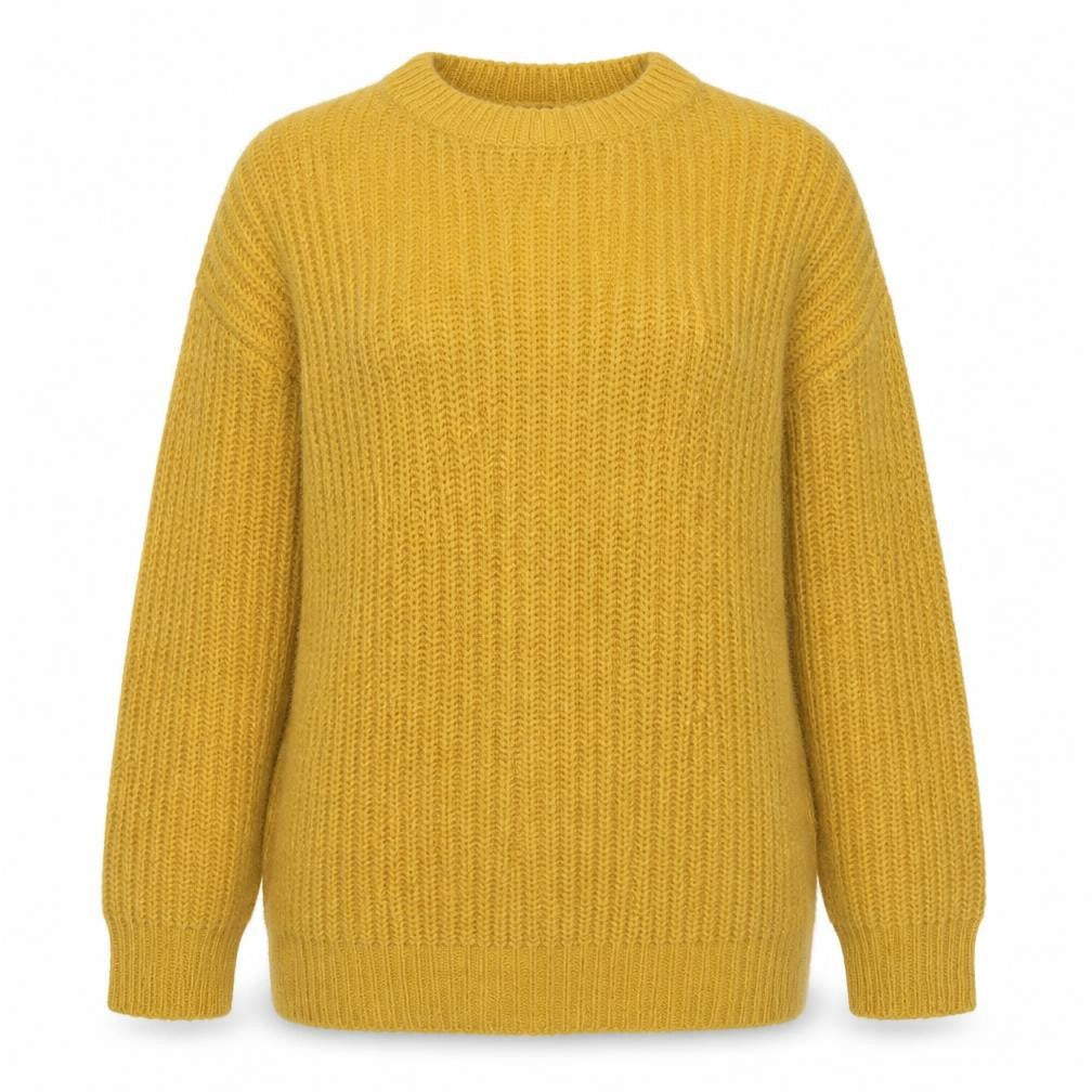 Front view of New Look women’s yellow round neck acrylic jumper, size M