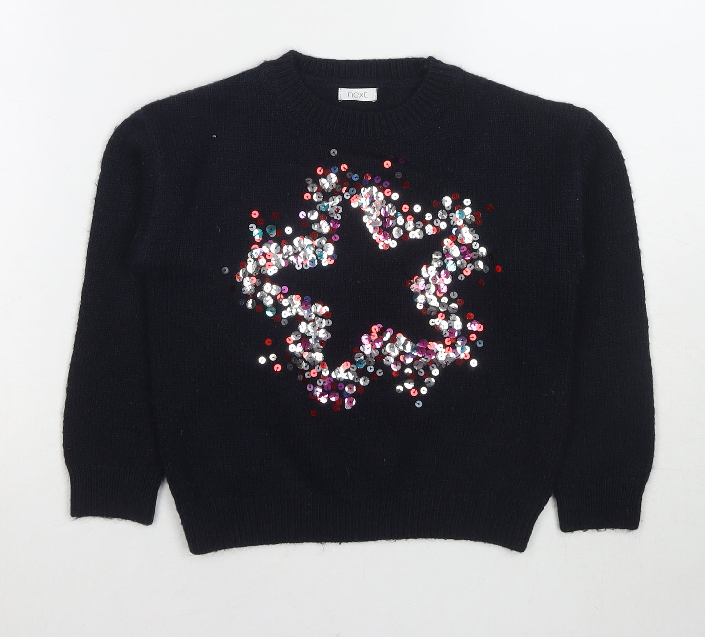NEXT Girls Blue Round Neck Acrylic Pullover Jumper Size 7 Years Pullover - Sequin Detail