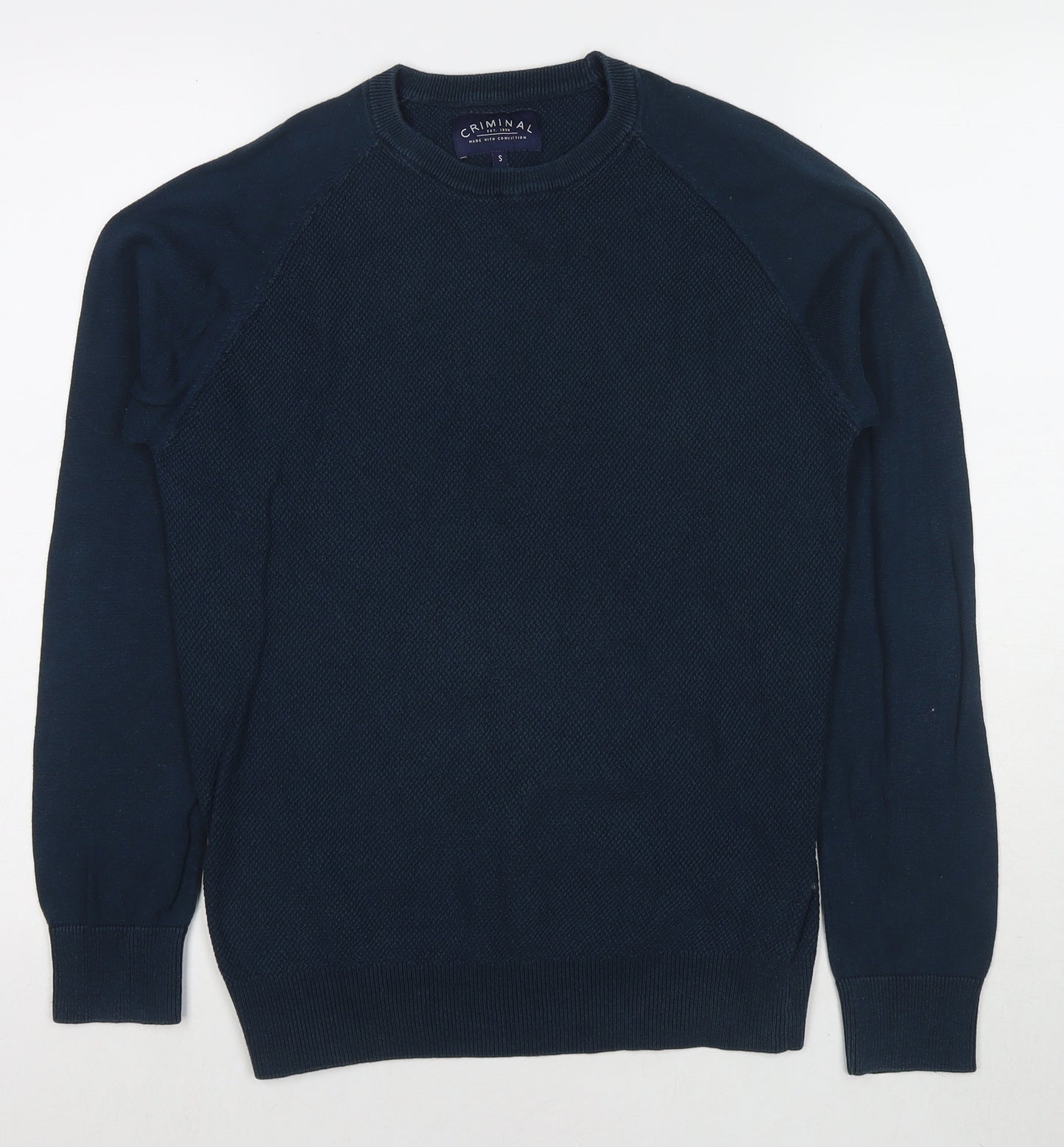 Criminal Mens Blue Round Neck Cotton Pullover Jumper Size S Long Sleeve