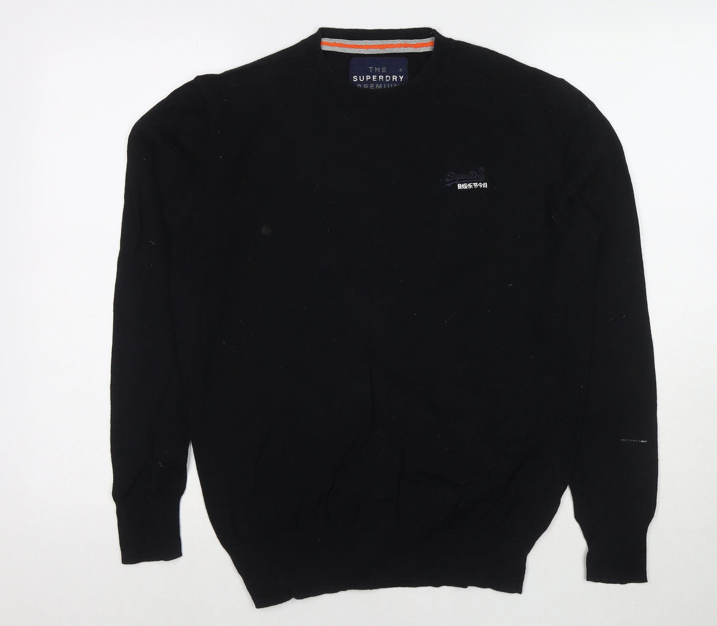 Superdry Mens Black Round Neck Cotton Pullover Jumper Size L Long Sleeve