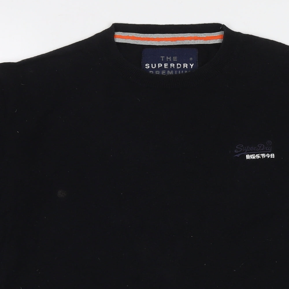 Superdry Mens Black Round Neck Cotton Pullover Jumper Size L Long Sleeve