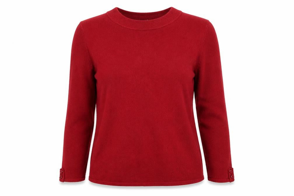 Front view of Bonmarché women’s red round neck acrylic jumper, size UK 14