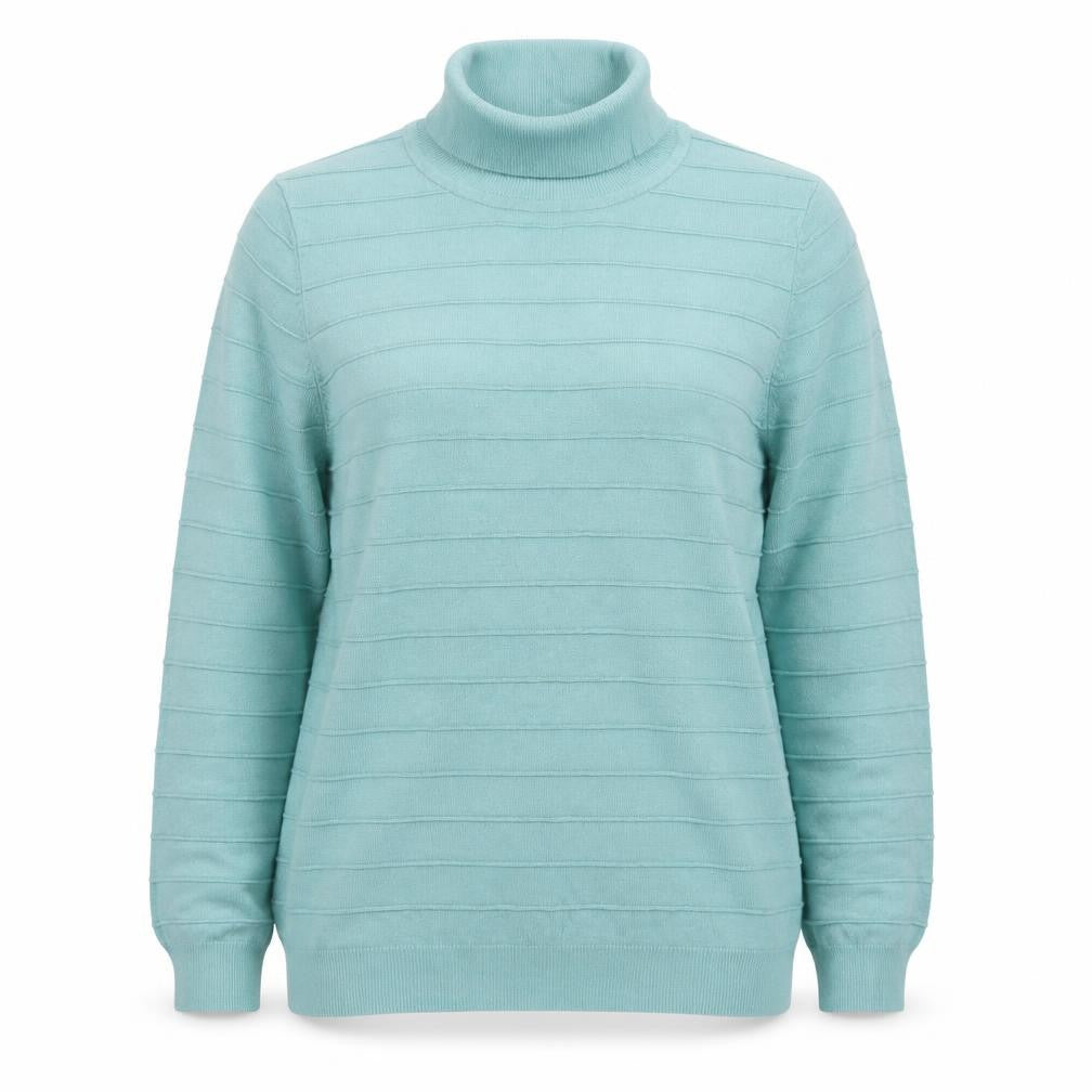 Front view of Bonmarché women’s blue round neck viscose jumper, size M