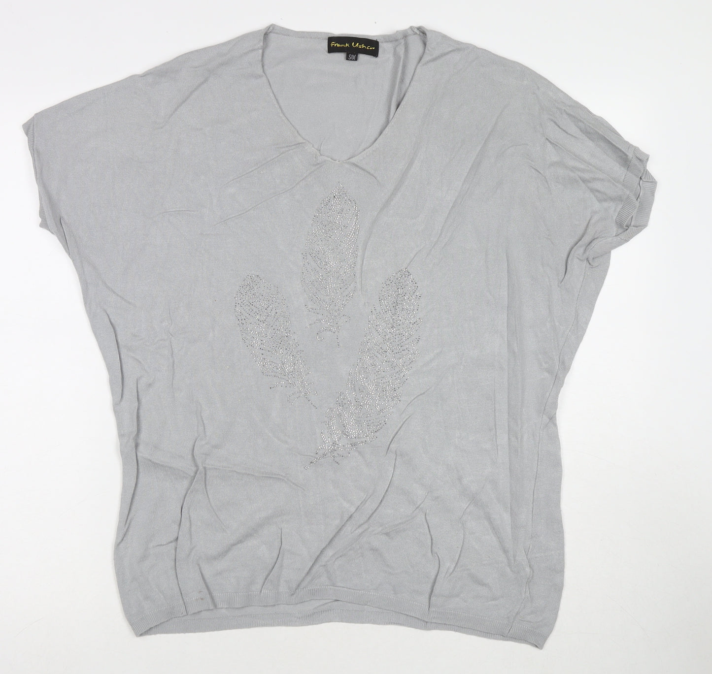 Frank Usher Womens Grey Viscose Tunic T-Shirt Size S Round Neck - Sequin Detail Flower Size S/M