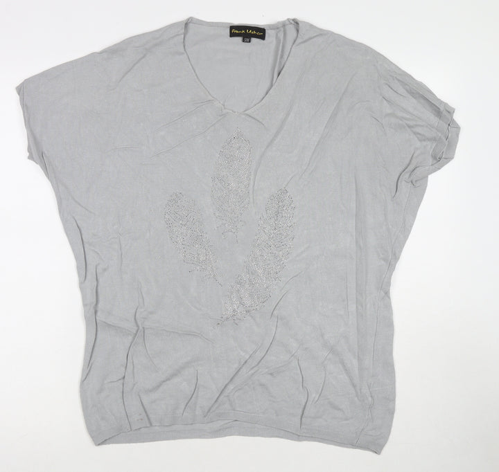 Frank Usher Womens Grey Viscose Tunic T-Shirt Size S Round Neck - Sequin Detail Flower Size S/M