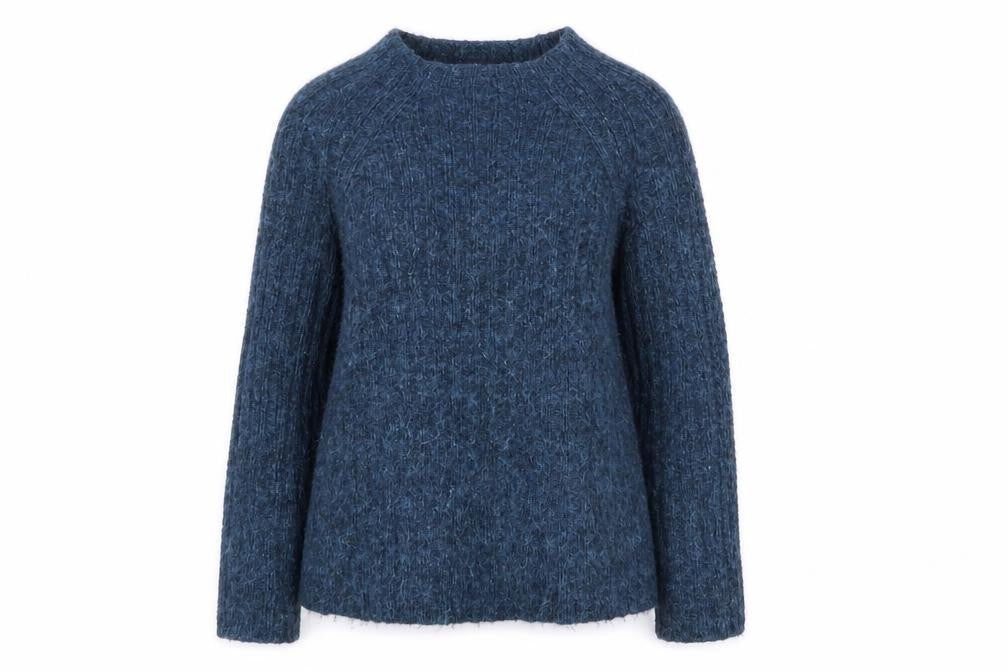 Front view of Next women’s blue boat neck acrylic jumper, size UK 12