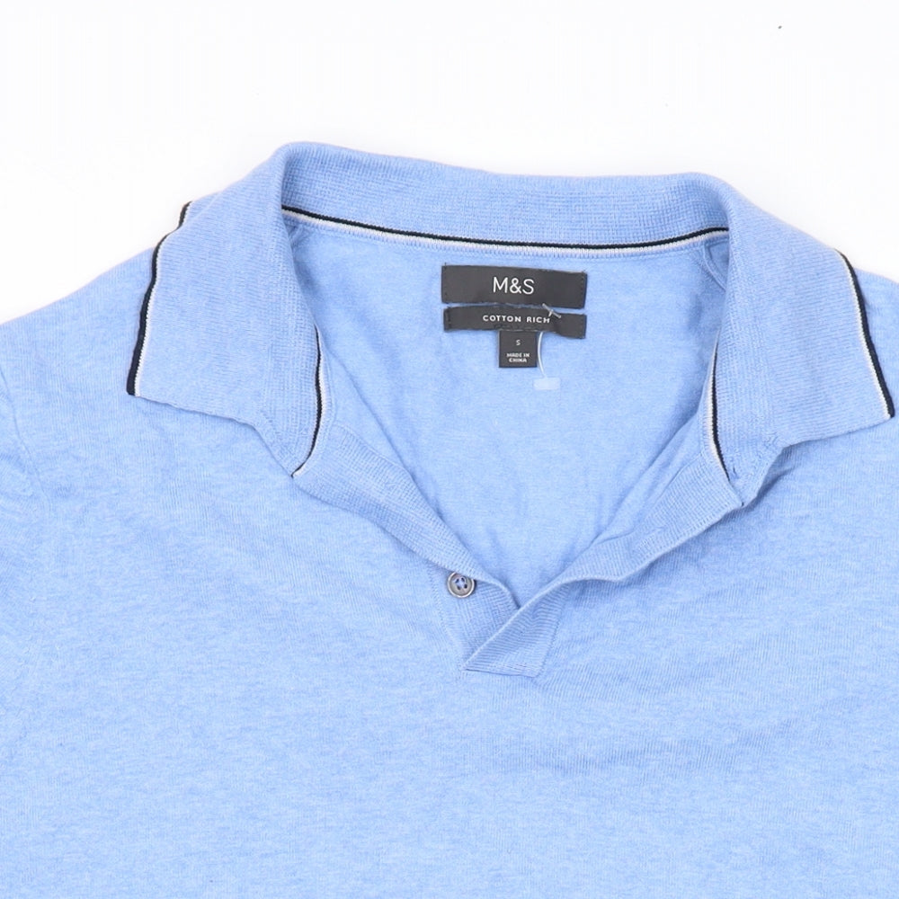 Marks and Spencer Mens Blue Cotton Polo Size S Collared Button