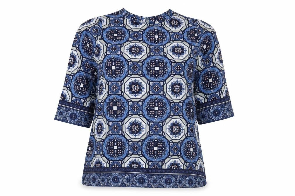 Front view of Marks & Spencer women’s blue round neck geometric polyester jumper, size UK 12