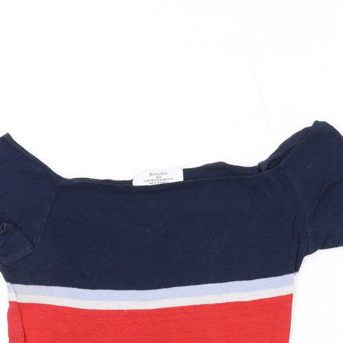 Bershka Womens Black Colourblock Cotton Basic T-Shirt Size M Off the Shoulder