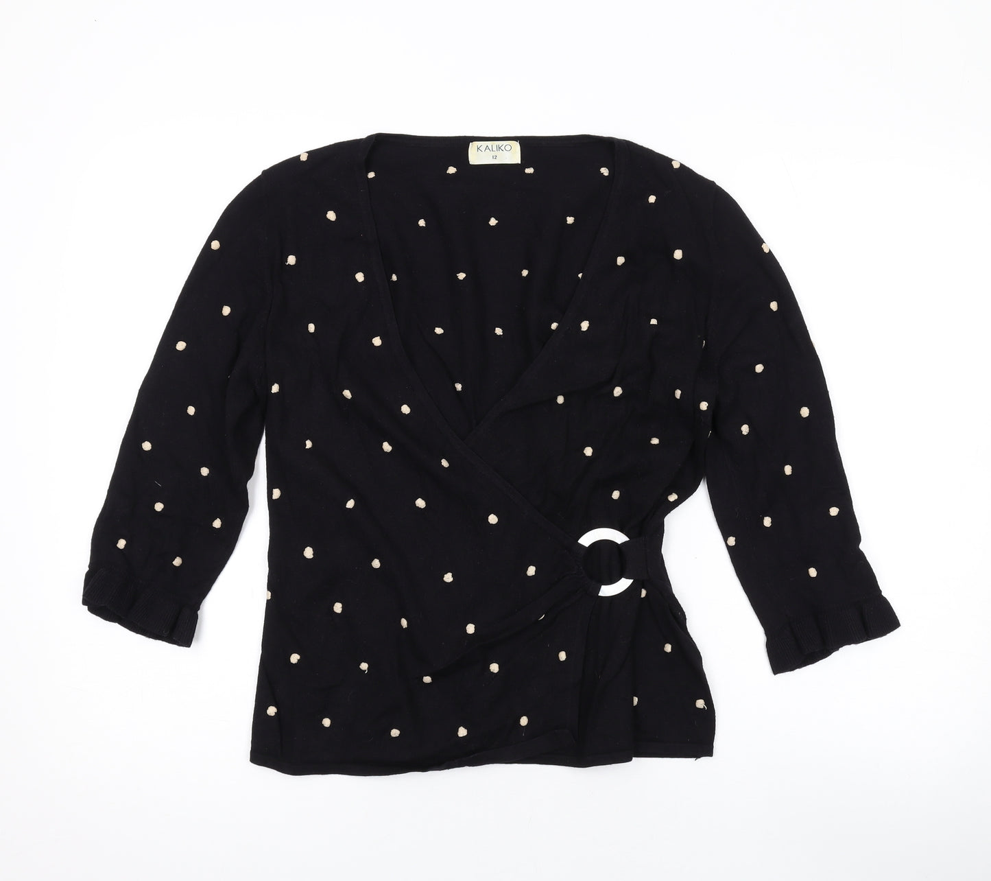 Kaliko Womens Black V-Neck Polka Dot Viscose Wrap Jumper Size 12