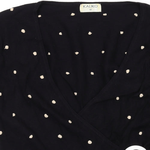 Kaliko Womens Black V-Neck Polka Dot Viscose Wrap Jumper Size 12