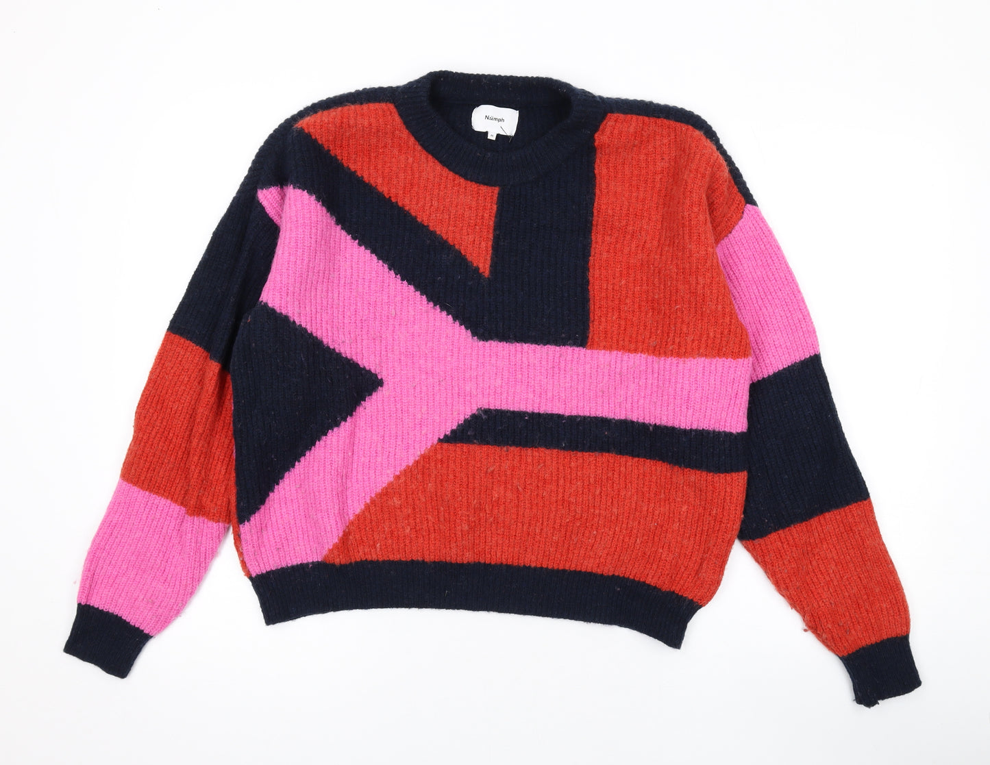 Numph Womens Pink Round Neck Geometric Wool Pullover Jumper Size M