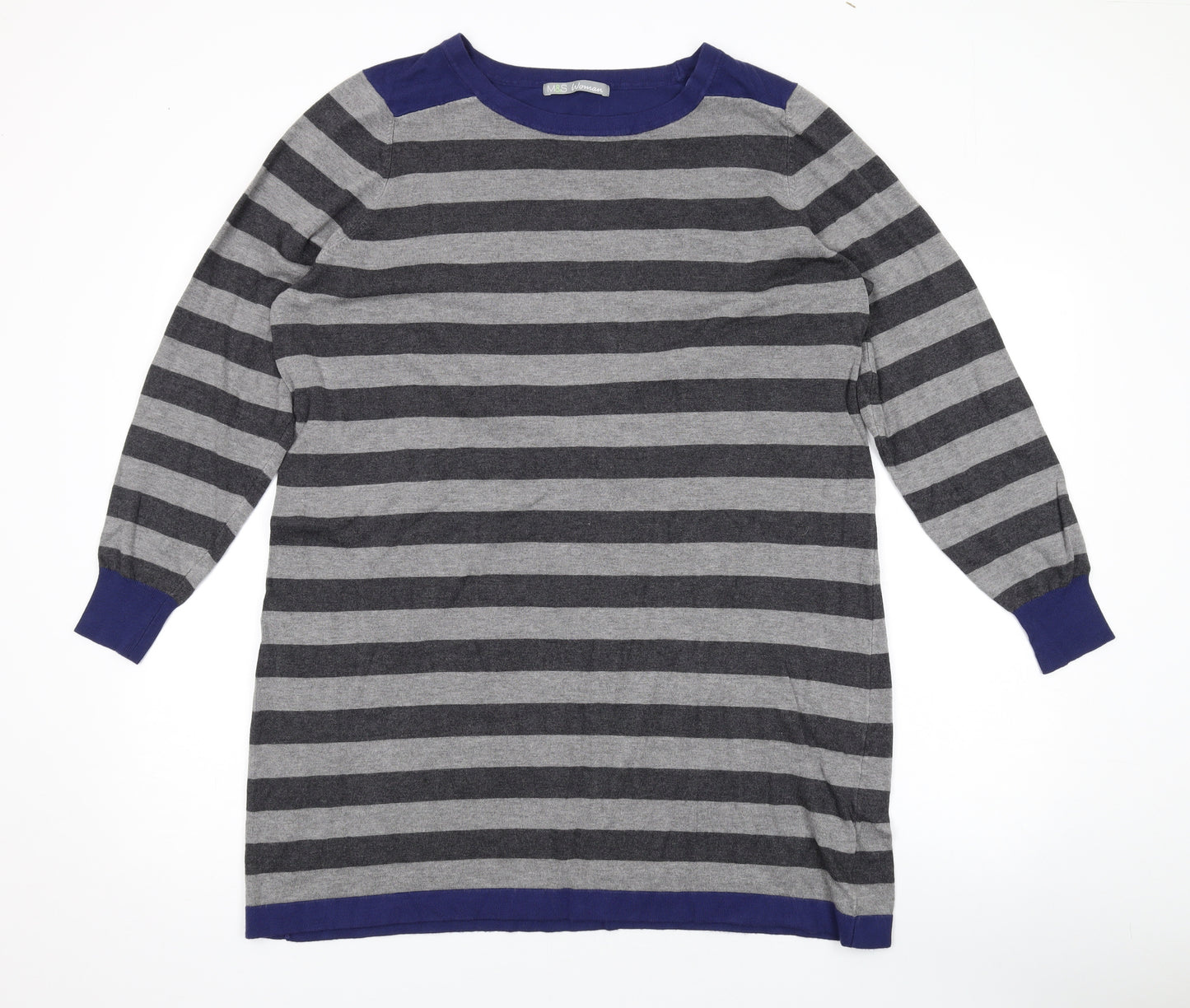 Marks and Spencer Womens Grey Round Neck Striped Viscose Pullover Jumper Size 22