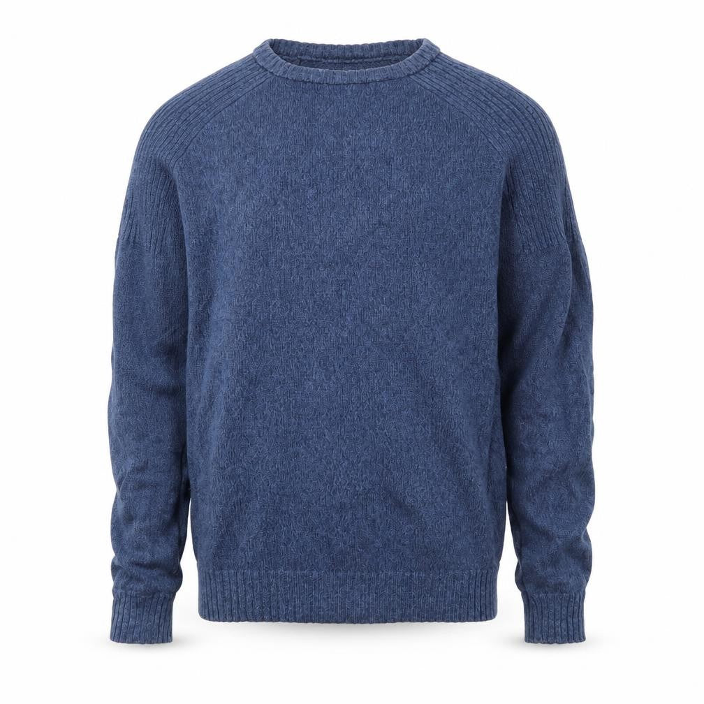 Front view of Hymn men’s blue round neck cotton jumper, size M, long sleeve