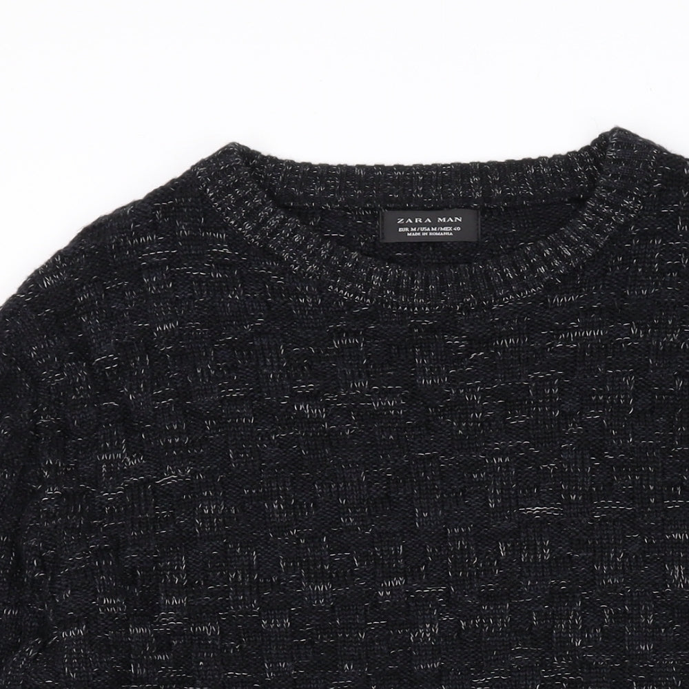 Zara Mens Black Round Neck Acrylic Pullover Jumper Size M Long Sleeve