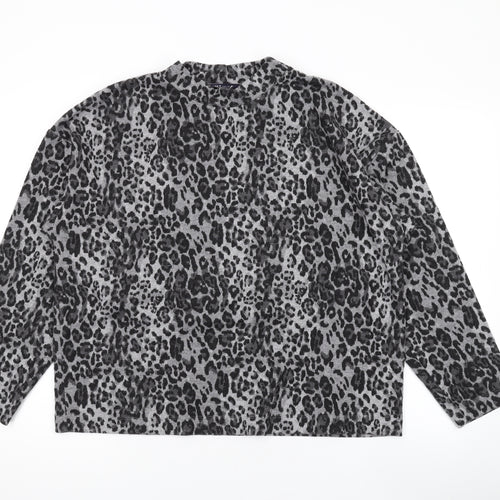 Marks and Spencer Womens Grey Mock Neck Animal Print Polyester Pullover Jumper Size 16 - Leopard Print