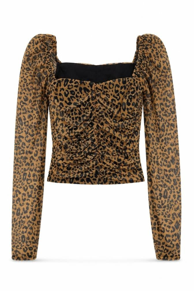 Front view of Missguided women’s brown animal print polyester basic blouse, size UK 6, square neck - leopard print