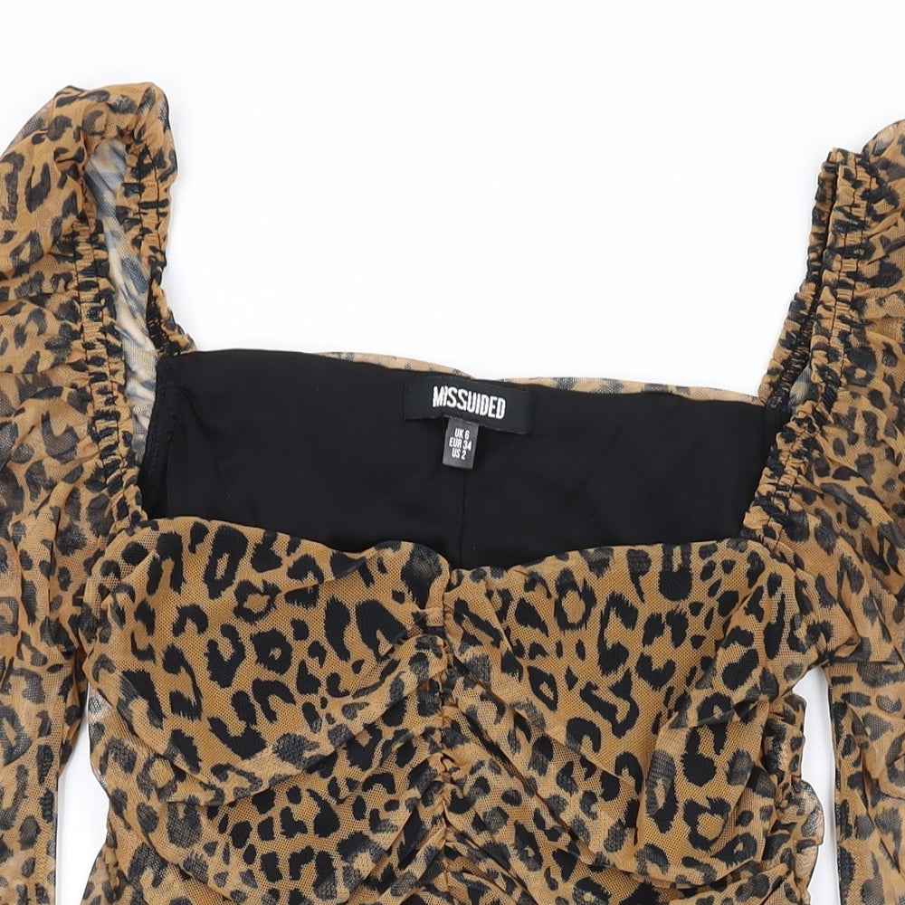 Missguided Womens Brown Animal Print Polyester Basic Blouse Size 6 Square Neck - Leopard Print