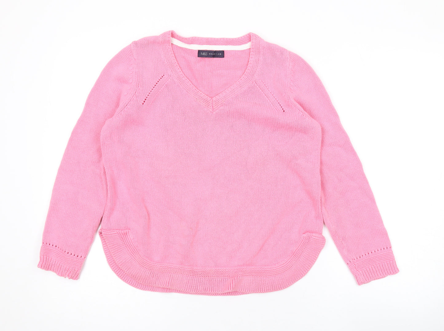Marks and Spencer Womens Pink V-Neck Cotton Pullover Jumper Size 12