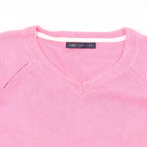 Marks and Spencer Womens Pink V-Neck Cotton Pullover Jumper Size 12