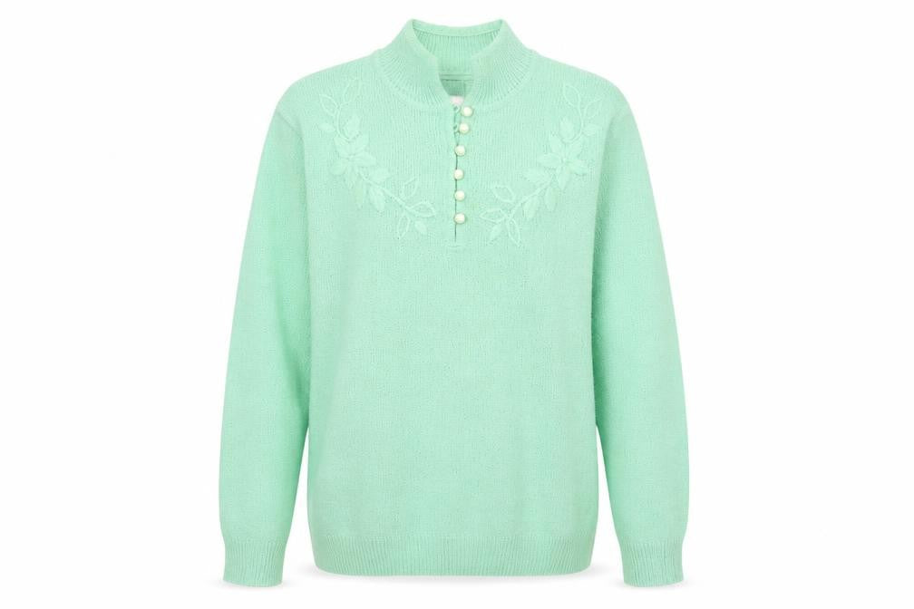 Front view of Charmance women’s green v-neck acrylic jumper, size UK 18