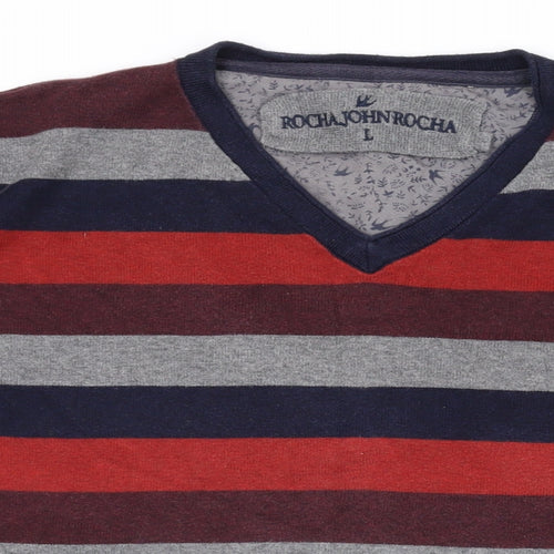 John Rocha Mens Multicoloured V-Neck Striped Cotton Pullover Jumper Size L Long Sleeve