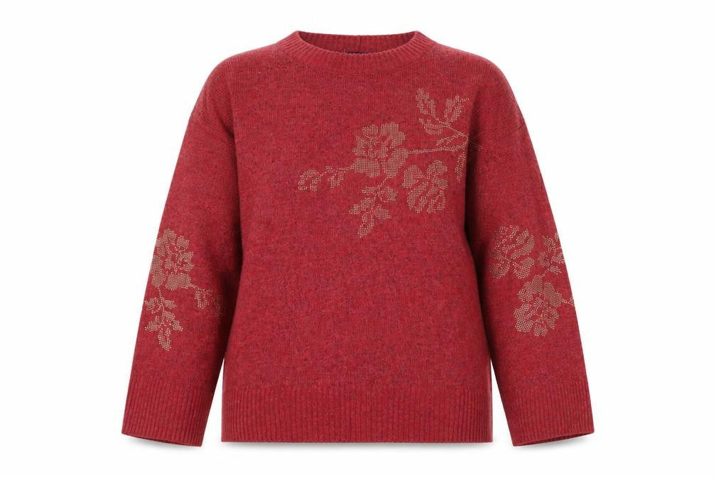 Front view of Next women’s pink round neck floral acrylic jumper, size UK 10