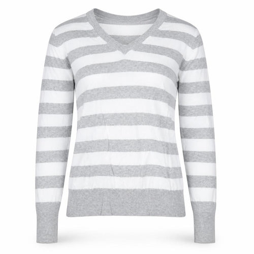 Jessica Favourite Womens Grey V-Neck Striped Cotton Pullover Jumper Size S