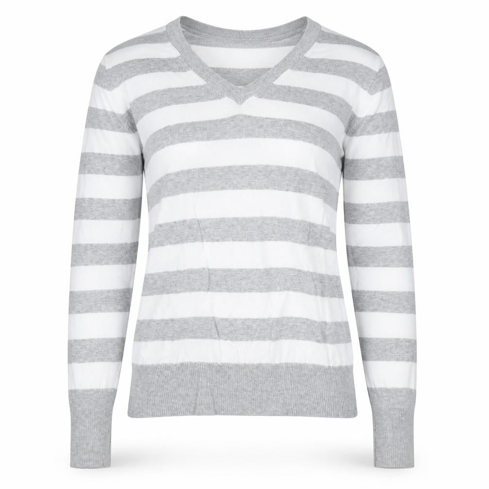 Jessica Favourite Womens Grey V-Neck Striped Cotton Pullover Jumper Size S