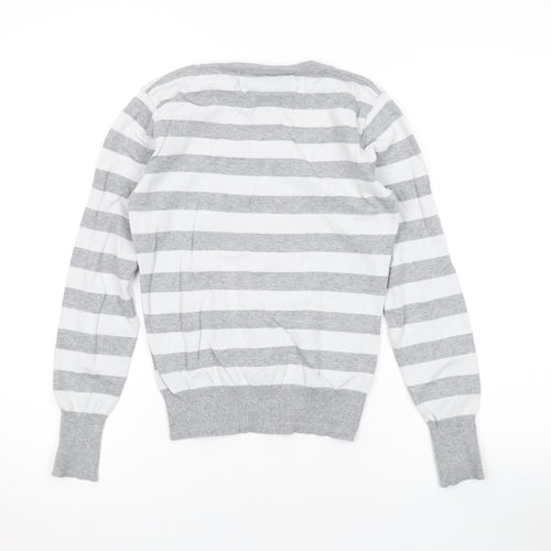 Jessica Favourite Womens Grey V-Neck Striped Cotton Pullover Jumper Size S