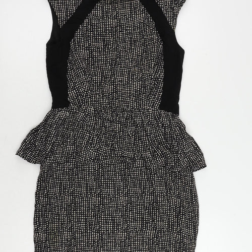 Mango Womens Black Geometric Viscose Pencil Dress Size XS Round Neck Zip - Peplum