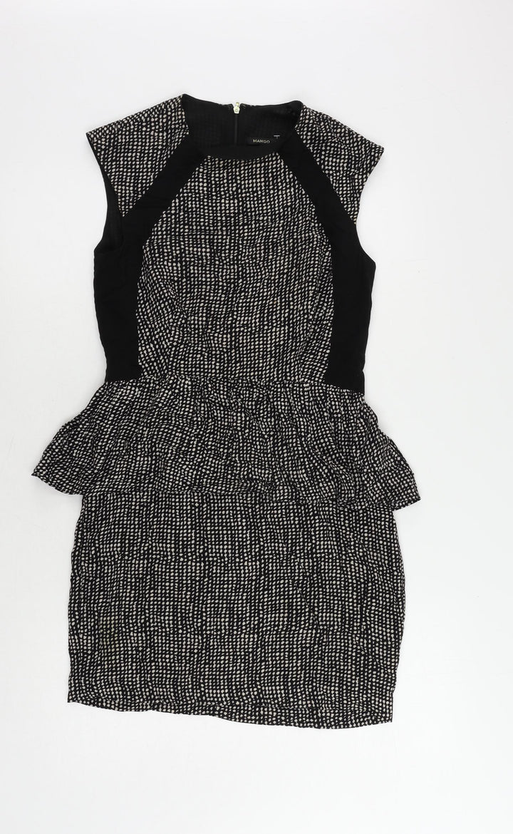 Mango Womens Black Geometric Viscose Pencil Dress Size XS Round Neck Zip - Peplum