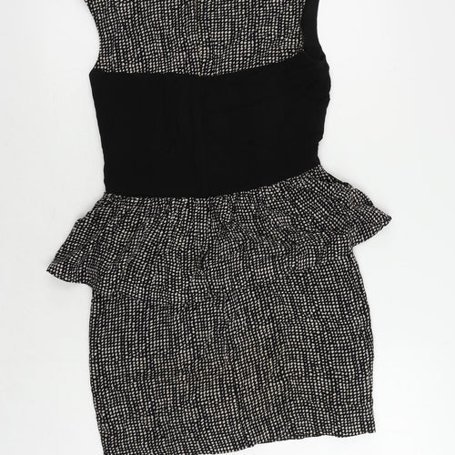 Mango Womens Black Geometric Viscose Pencil Dress Size XS Round Neck Zip - Peplum