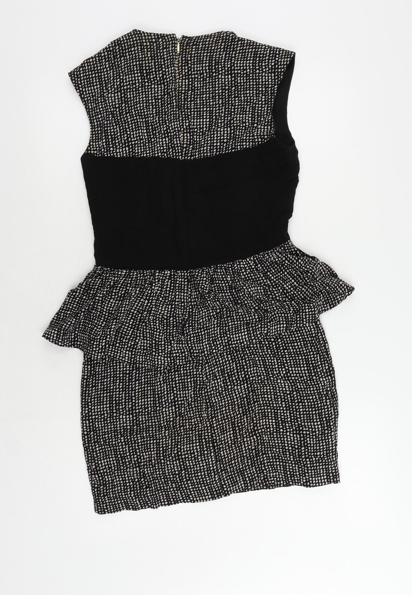 Mango Womens Black Geometric Viscose Pencil Dress Size XS Round Neck Zip - Peplum
