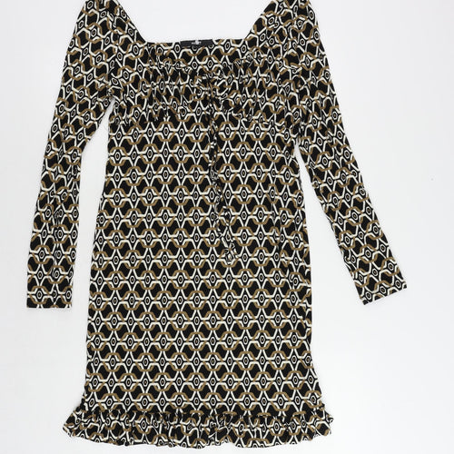 NEXT Womens Brown Geometric Viscose A-Line Size 8 V-Neck Pullover - Ruffle