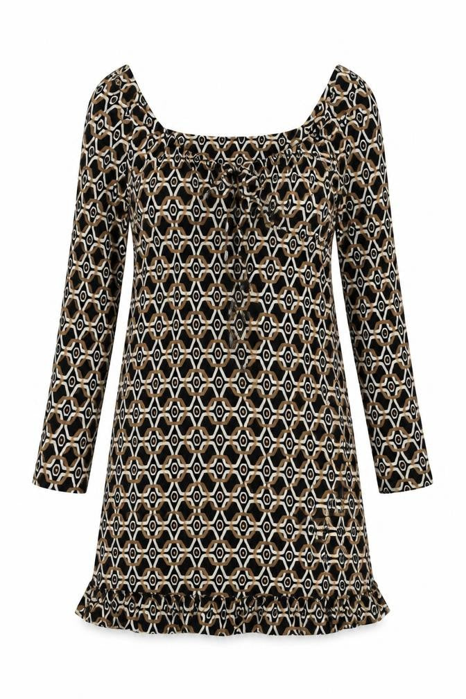 Front view of Next women’s brown geometric viscose a-line, size UK 8, v-neck pullover - ruffle